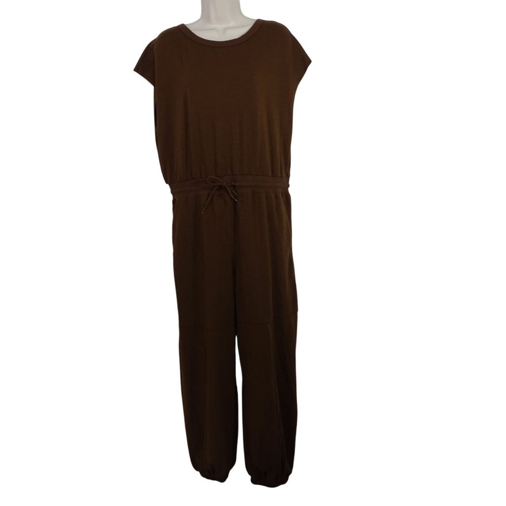 Brown Sleeveless Jumpsuit Women Size L Elastic Ankle and Waist Keyhole Back